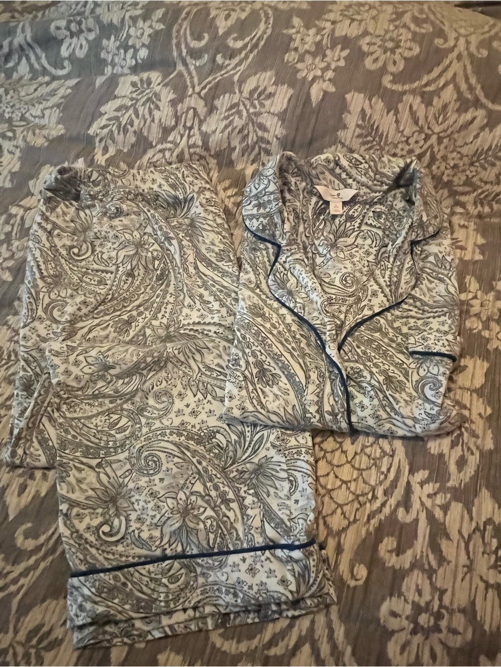 Secret Treasures Gray Paisley Button-Front Pajama Set with Navy Trim